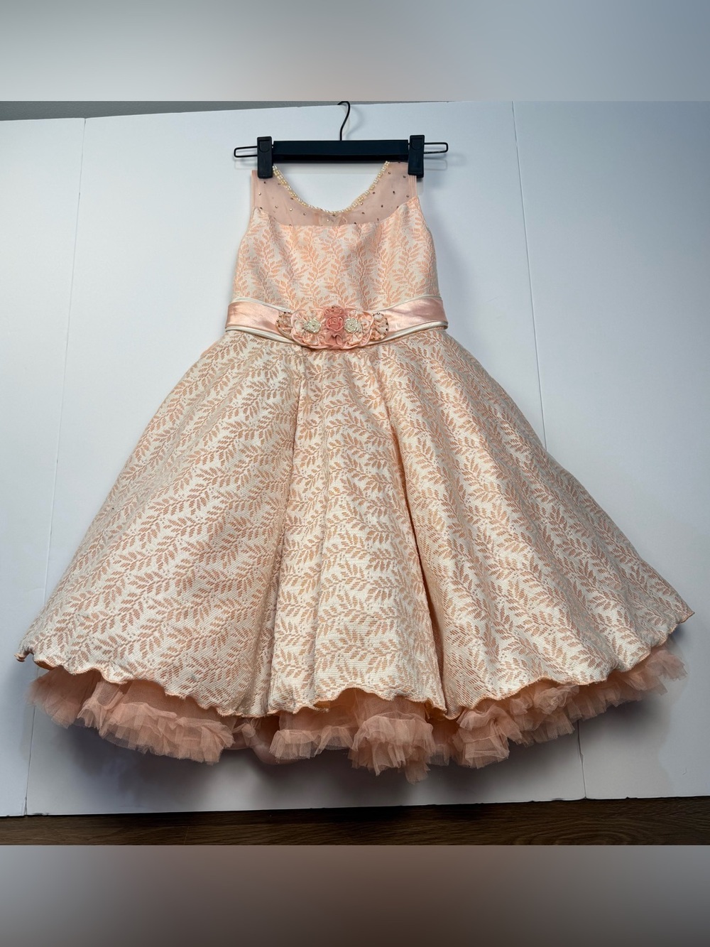 Girls' Light Pink Peach Tulle Floral Lace Tea Party Dress with Satin Belt